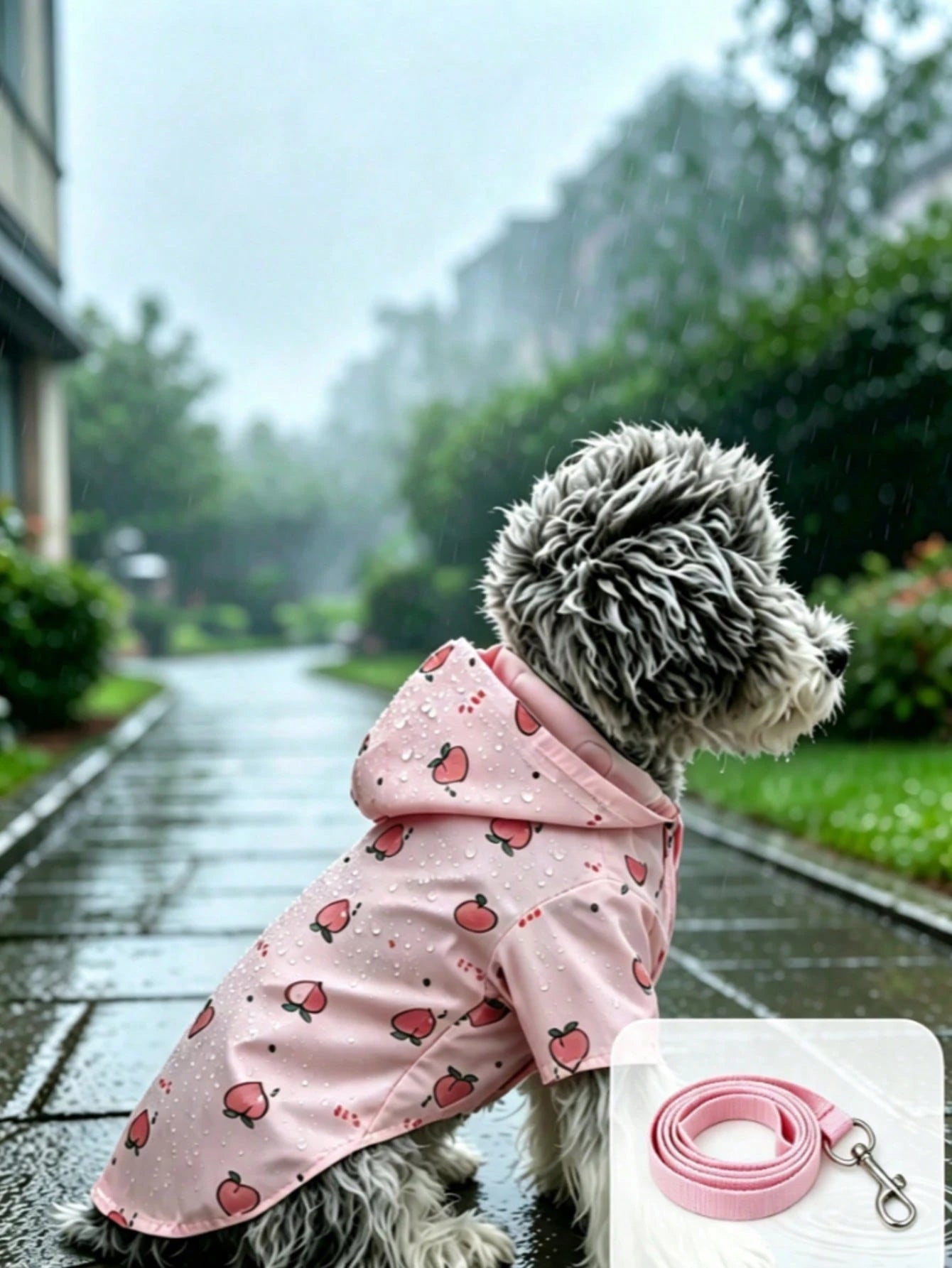 Pink Peach Printed Dog Raincoat With Matching Leash, Waterproof Hooded Pet Rain Jacket For Small Medium Dogs, Lightweight Breathable Puppy Rain Poncho Outdoor Walking