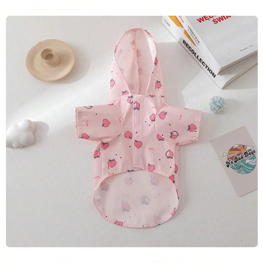 Pink Peach Printed Dog Raincoat With Matching Leash, Waterproof Hooded Pet Rain Jacket For Small Medium Dogs, Lightweight Breathable Puppy Rain Poncho Outdoor Walking