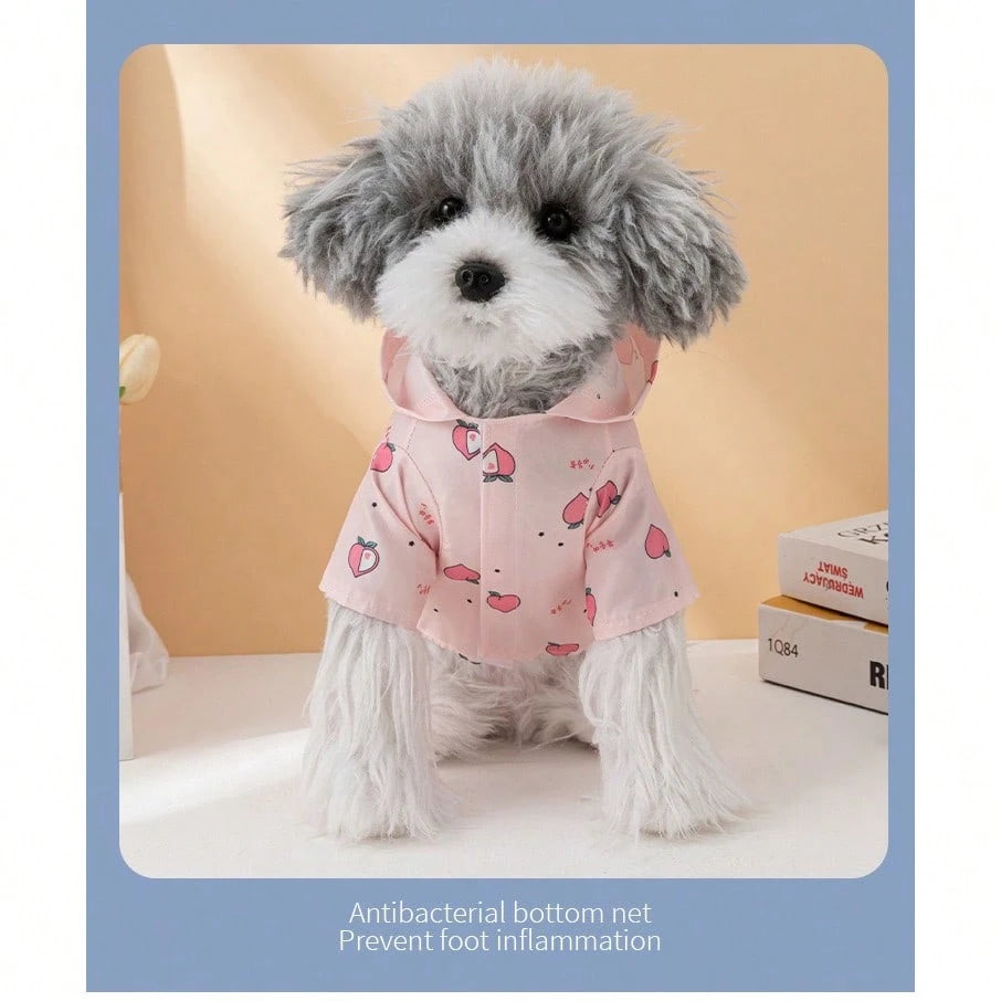 Pink Peach Printed Dog Raincoat With Matching Leash, Waterproof Hooded Pet Rain Jacket For Small Medium Dogs, Lightweight Breathable Puppy Rain Poncho Outdoor Walking