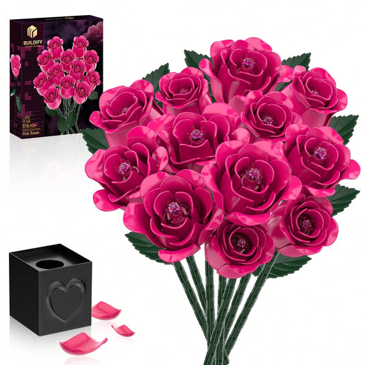 Pink Rose Building Blocks, 12pcs Forever Flower Bouquet Set, DIY Assembly Building Kits, 516PCS Artificial Roses For Home Decor & Valentine's Day Gifts, Ideal Birthday Gift For Her And Girls Adults
