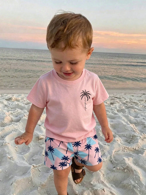Playful Pals 1 Set Toddler Boys' 2-Piece Pink Summer Cute Outfit,Coconut Tree & Letter Print Knit T-Shirt And Matching Shorts For Beach,Vacation,Holiday Outdoor