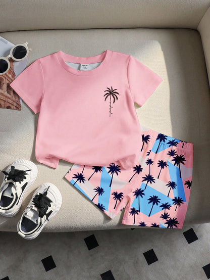 Playful Pals 1 Set Toddler Boys' 2-Piece Pink Summer Cute Outfit,Coconut Tree & Letter Print Knit T-Shirt And Matching Shorts For Beach,Vacation,Holiday Outdoor