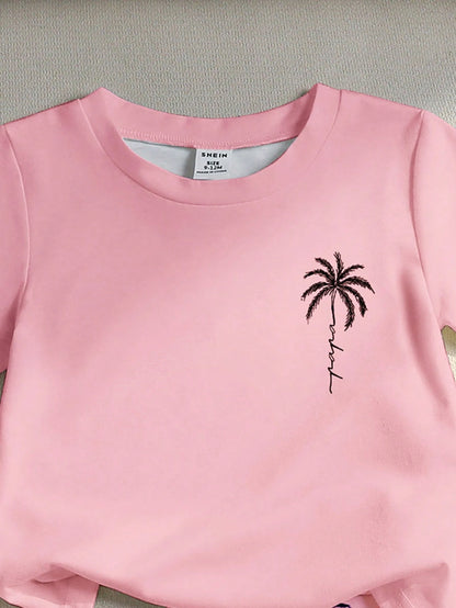 Playful Pals 1 Set Toddler Boys' 2-Piece Pink Summer Cute Outfit,Coconut Tree & Letter Print Knit T-Shirt And Matching Shorts For Beach,Vacation,Holiday Outdoor