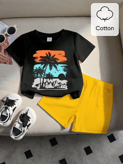 Playful Pals 1 Set Toddler Boys' 2-Piece Pink Summer Cute Outfit,Coconut Tree & Letter Print Knit T-Shirt And Matching Shorts For Beach,Vacation,Holiday Outdoor