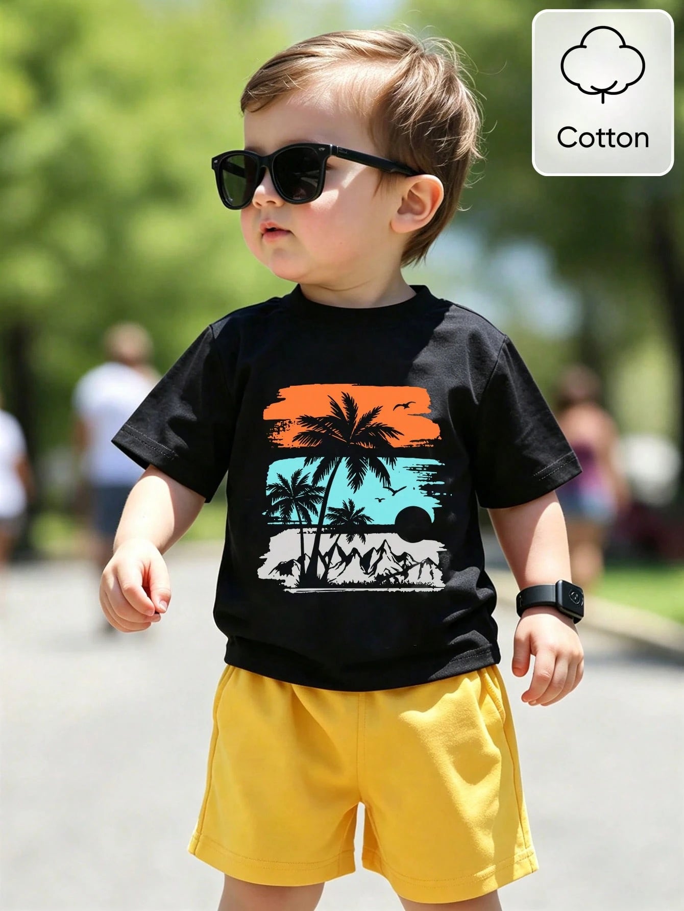 Playful Pals 1 Set Toddler Boys' 2-Piece Pink Summer Cute Outfit,Coconut Tree & Letter Print Knit T-Shirt And Matching Shorts For Beach,Vacation,Holiday Outdoor