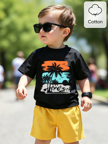 Playful Pals 1 Set Toddler Boys' 2-Piece Pink Summer Cute Outfit,Coconut Tree & Letter Print Knit T-Shirt And Matching Shorts For Beach,Vacation,Holiday Outdoor