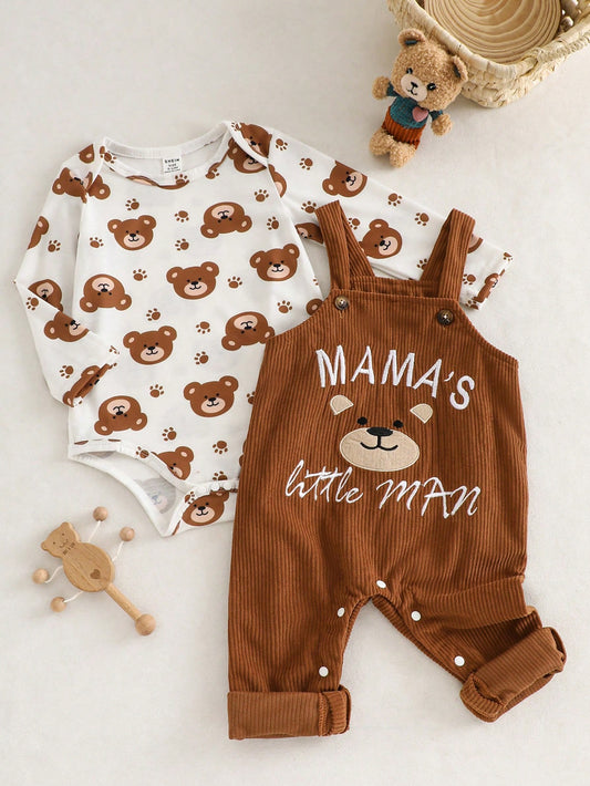 Playful Pals 2pcs Baby Boy Outfit Long Sleeve Bodysuit & Bib Pants Set Bear & Letter Embroidery Brown Autumn Cute Modest Family Matching Mamas Little Man Jumpsuit