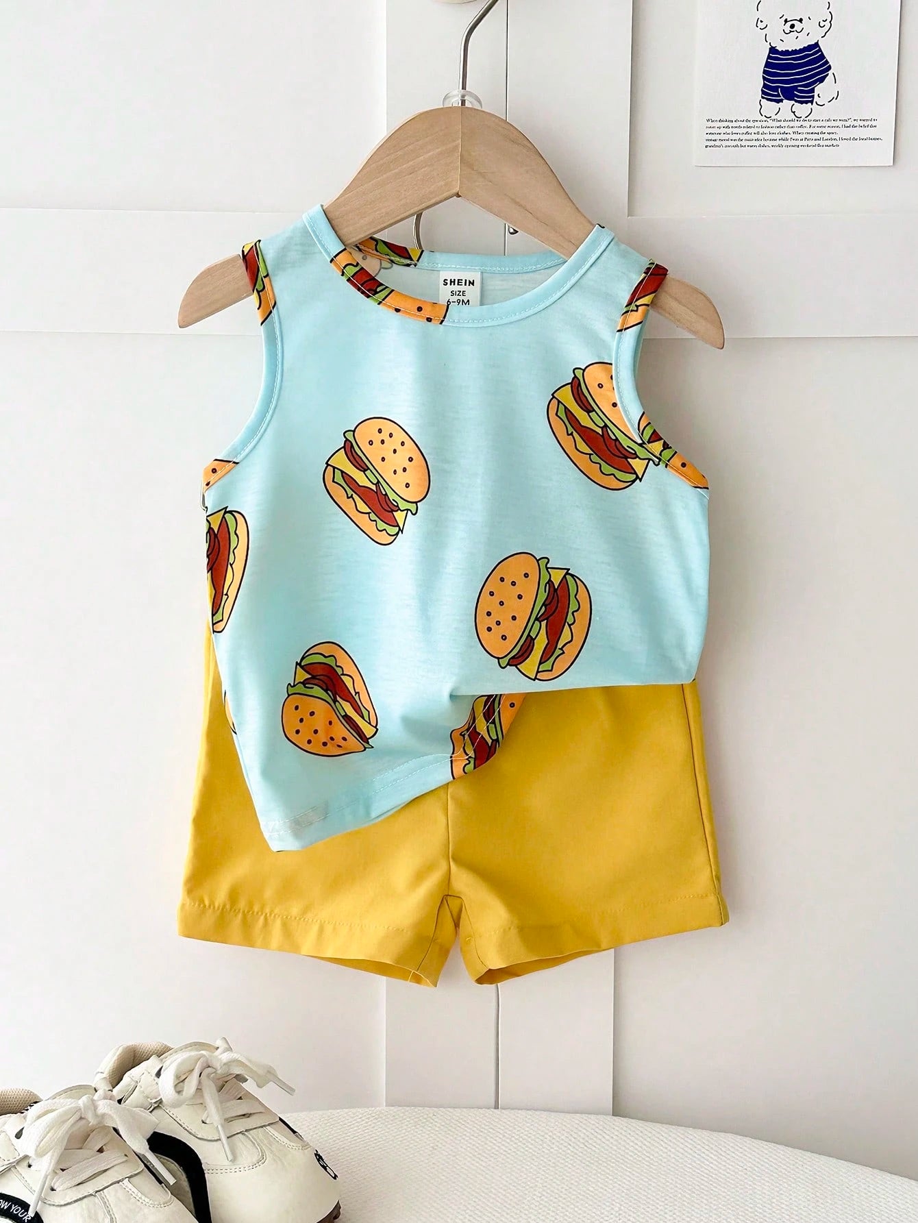 Playful Pals 2pcs Infant Toddler Baby Boy Hamburger Print Tank Top+Yellow Shorts Set Blue And Yellow Striped Summer Casual Cute Beach Soft Breathable Outfit 6M-3Y