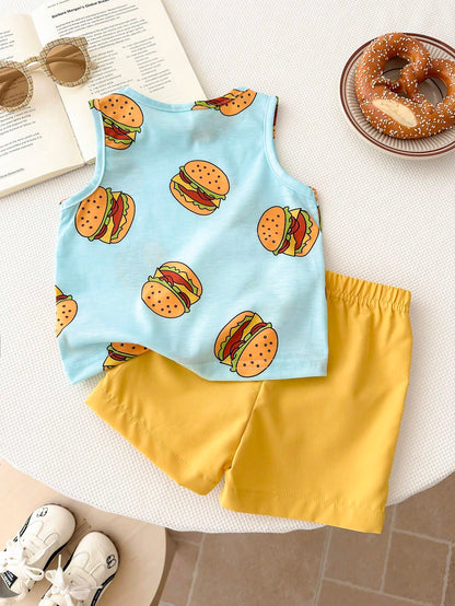 Playful Pals 2pcs Infant Toddler Baby Boy Hamburger Print Tank Top+Yellow Shorts Set Blue And Yellow Striped Summer Casual Cute Beach Soft Breathable Outfit 6M-3Y