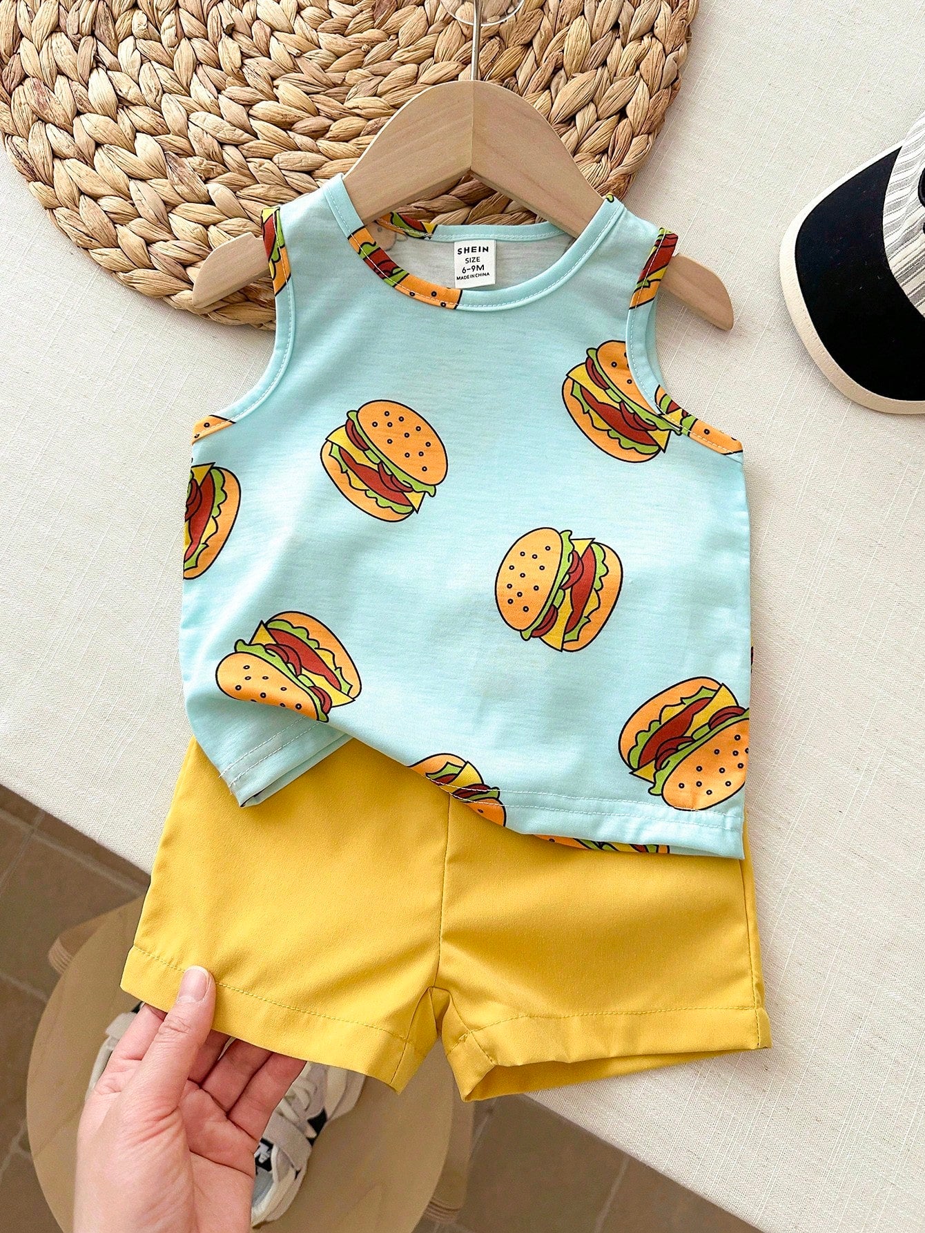 Playful Pals 2pcs Infant Toddler Baby Boy Hamburger Print Tank Top+Yellow Shorts Set Blue And Yellow Striped Summer Casual Cute Beach Soft Breathable Outfit 6M-3Y