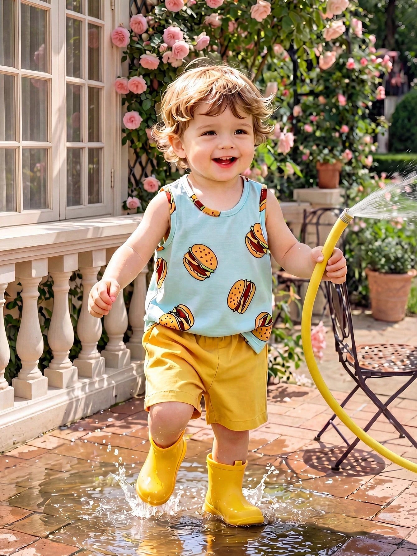 Playful Pals 2pcs Infant Toddler Baby Boy Hamburger Print Tank Top+Yellow Shorts Set Blue And Yellow Striped Summer Casual Cute Beach Soft Breathable Outfit 6M-3Y