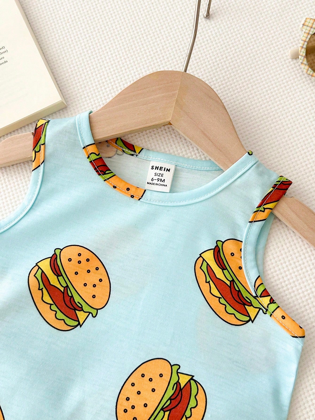 Playful Pals 2pcs Infant Toddler Baby Boy Hamburger Print Tank Top+Yellow Shorts Set Blue And Yellow Striped Summer Casual Cute Beach Soft Breathable Outfit 6M-3Y