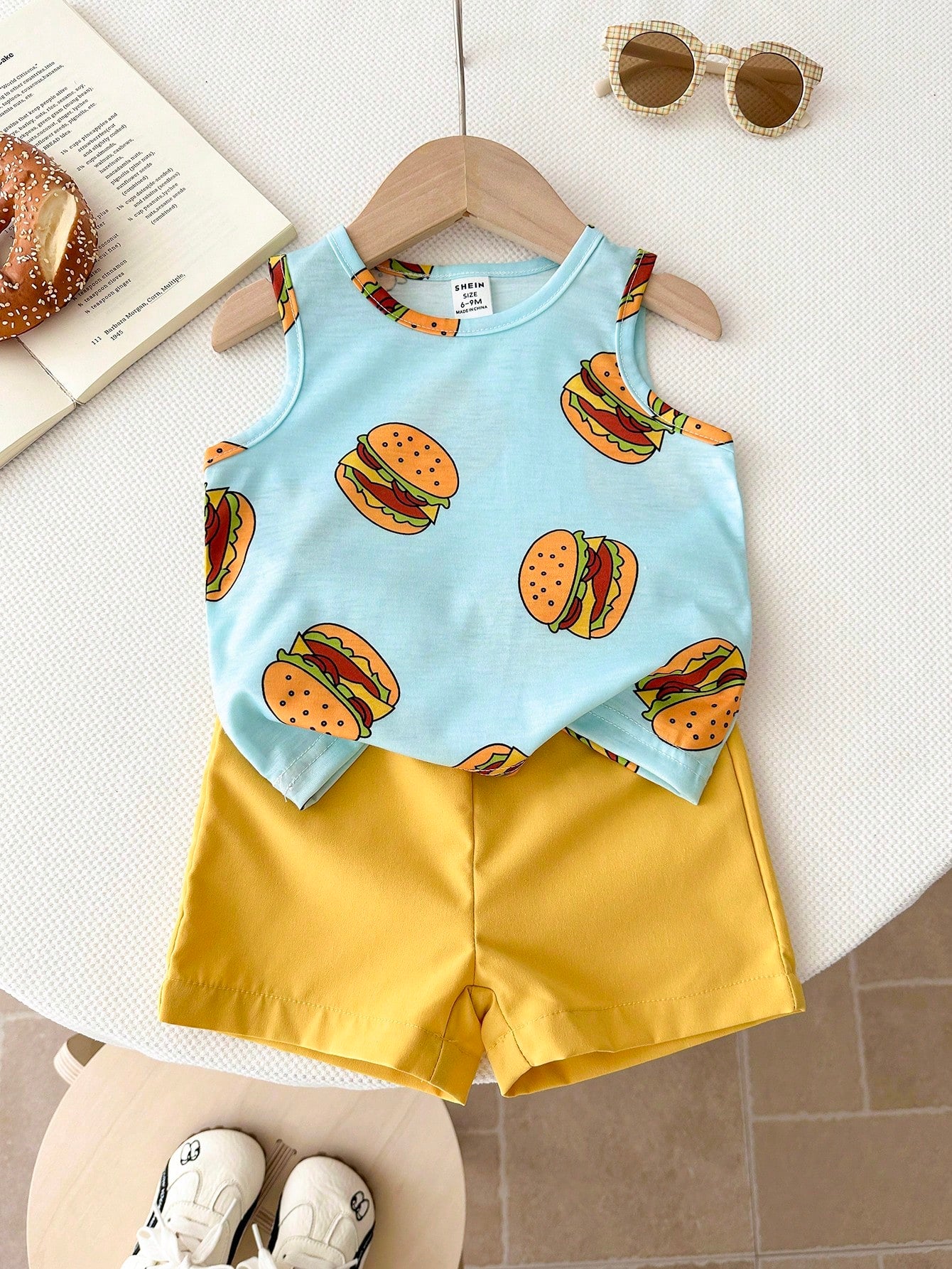 Playful Pals 2pcs Infant Toddler Baby Boy Hamburger Print Tank Top+Yellow Shorts Set Blue And Yellow Striped Summer Casual Cute Beach Soft Breathable Outfit 6M-3Y
