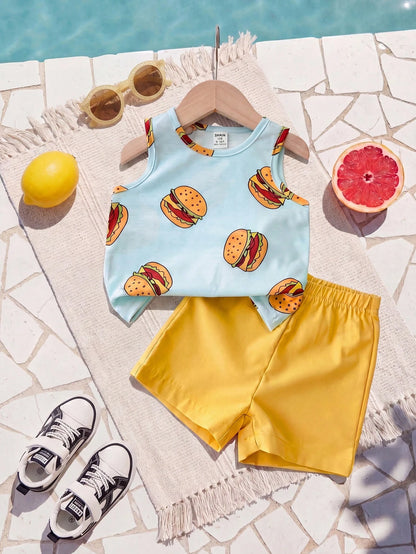 Playful Pals 2pcs Infant Toddler Baby Boy Hamburger Print Tank Top+Yellow Shorts Set Blue And Yellow Striped Summer Casual Cute Beach Soft Breathable Outfit 6M-3Y