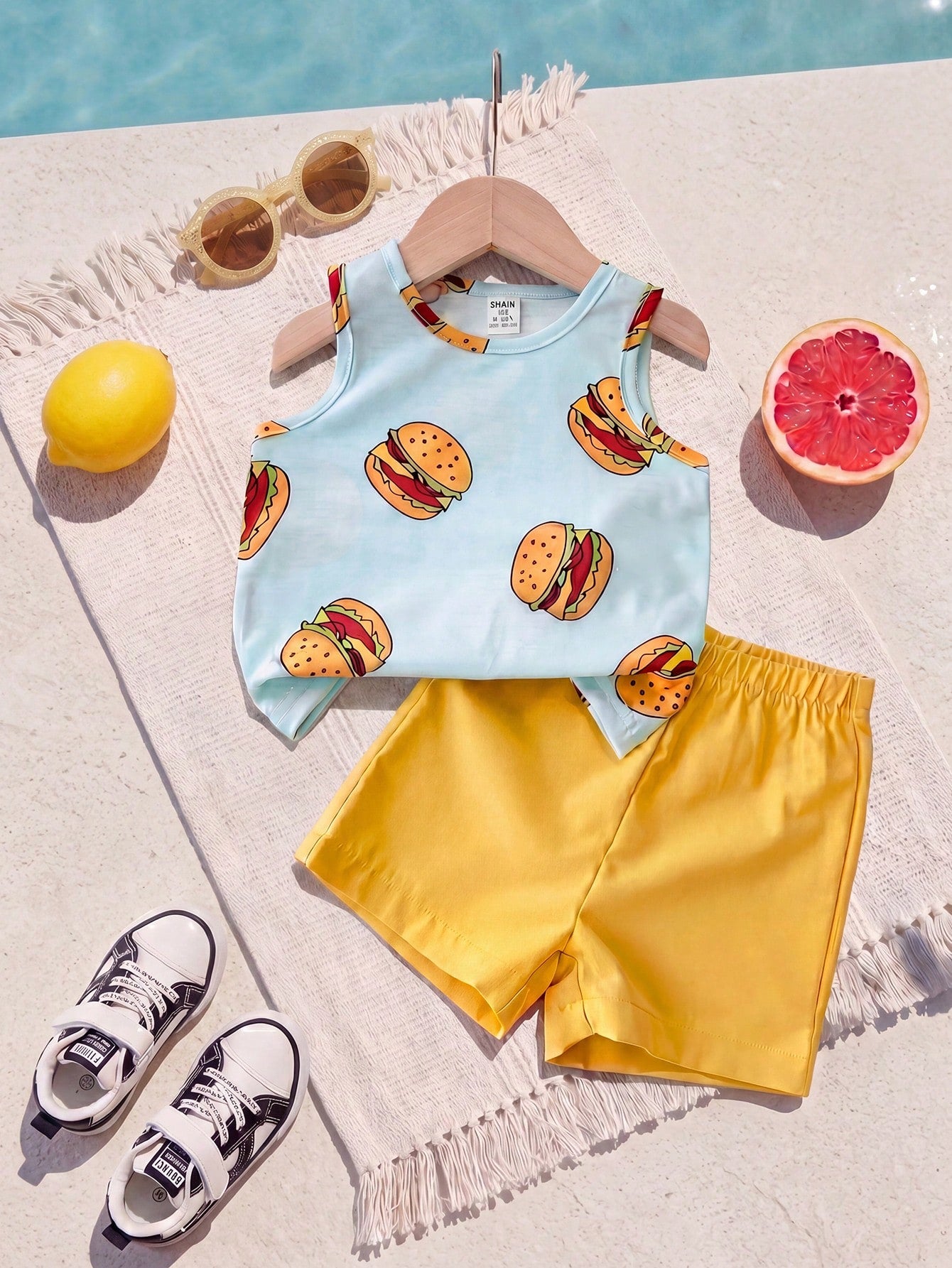 Playful Pals 2pcs Infant Toddler Baby Boy Hamburger Print Tank Top+Yellow Shorts Set Blue And Yellow Striped Summer Casual Cute Beach Soft Breathable Outfit 6M-3Y