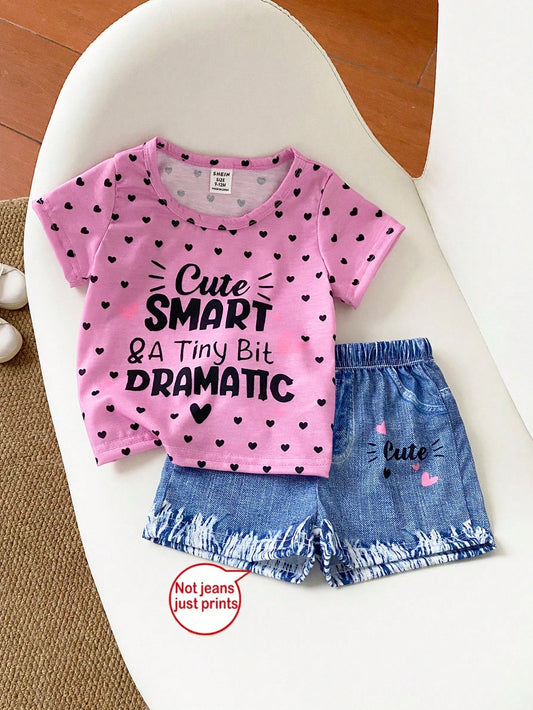 Playful Pals 2pcs/Set Baby Girls' Casual Cute Letter & Polka Dot Pattern Round Neck Short Sleeve T-Shirt And Shorts Set, Summer