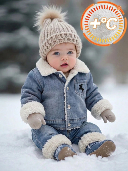 Playful Pals Baby Boys Autumn/Winter Jacket, Thickened Thermal Lined Warm Fur Collar Fashion Jacket, Infant Outerwear Suitable For Cold Weather, Baby Boy Denim Thermal Lined Jacket, Baby Boy Aut