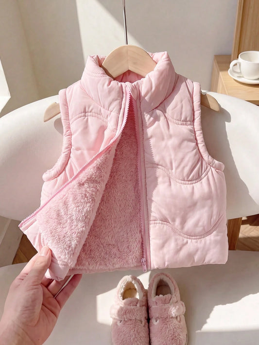 Playful Pals Baby Girl 1pc Pink Stand Collar Sleeveless Zipper Fleece Vest, Suitable For Casual Outings, Play, Photos, Or Comfortable Winter Versatile Outerwear