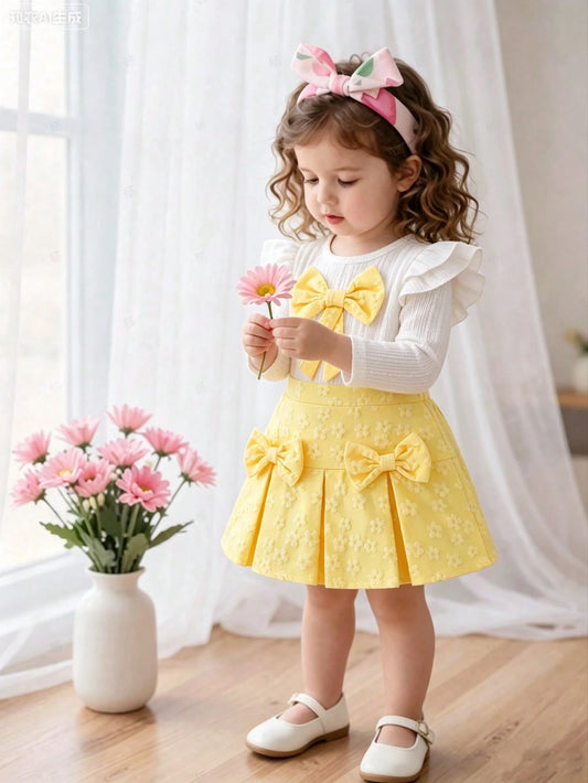 Playful Pals Infant (Girl) White Knitted Textured Fabric Flutter Sleeve Long Sleeve Top & Pink Corduroy Skirt T-Shirt Set, Sweet And Cute 2-Piece Outfit For Baby