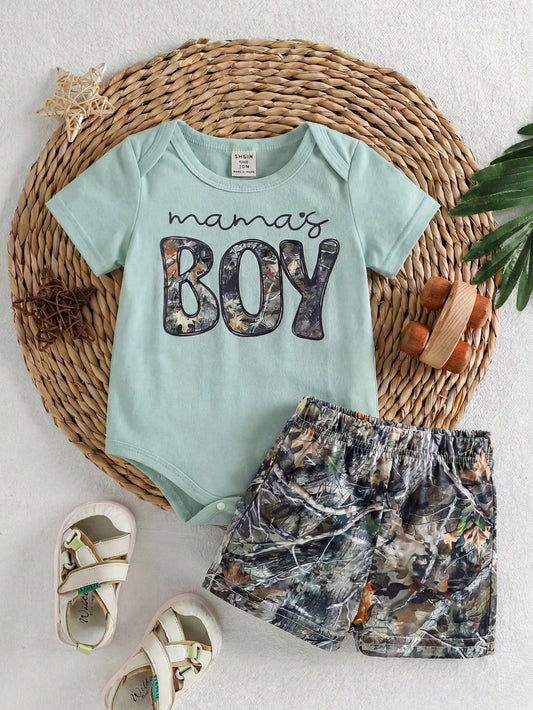 Playful Pals Unisex Infant Toddler 0-3 Years Baby Boys Summer New Cute Forest Branch Print Romper Set, Loose Fit, Suitable For Outings, Leisure And Casual Sports, Baby Summer Clothing, Baby Outi