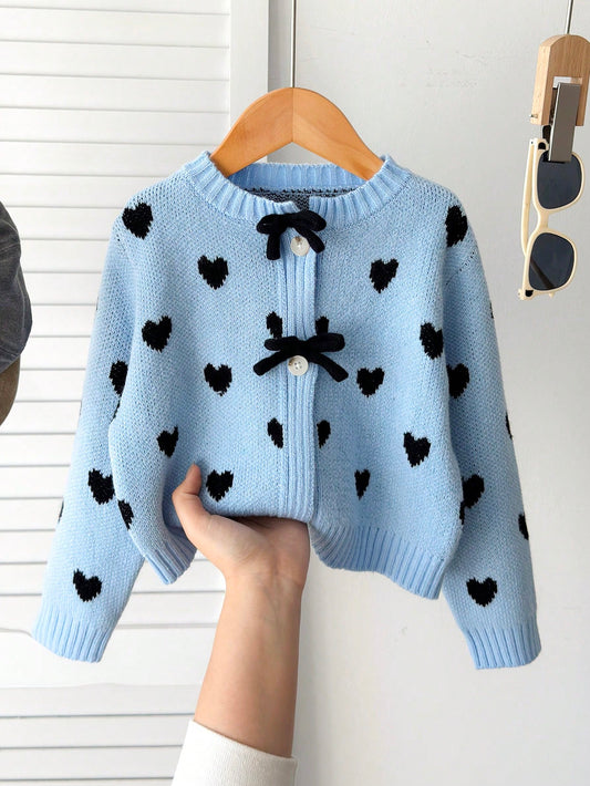 Playful Pals Young Girl' Thick Knit Cardigan With Bow,Heart Pattern Button Sweater Jacket,Winter Fairy School Back-To-School,Long Sleeve Clothes For Autumn/Winter