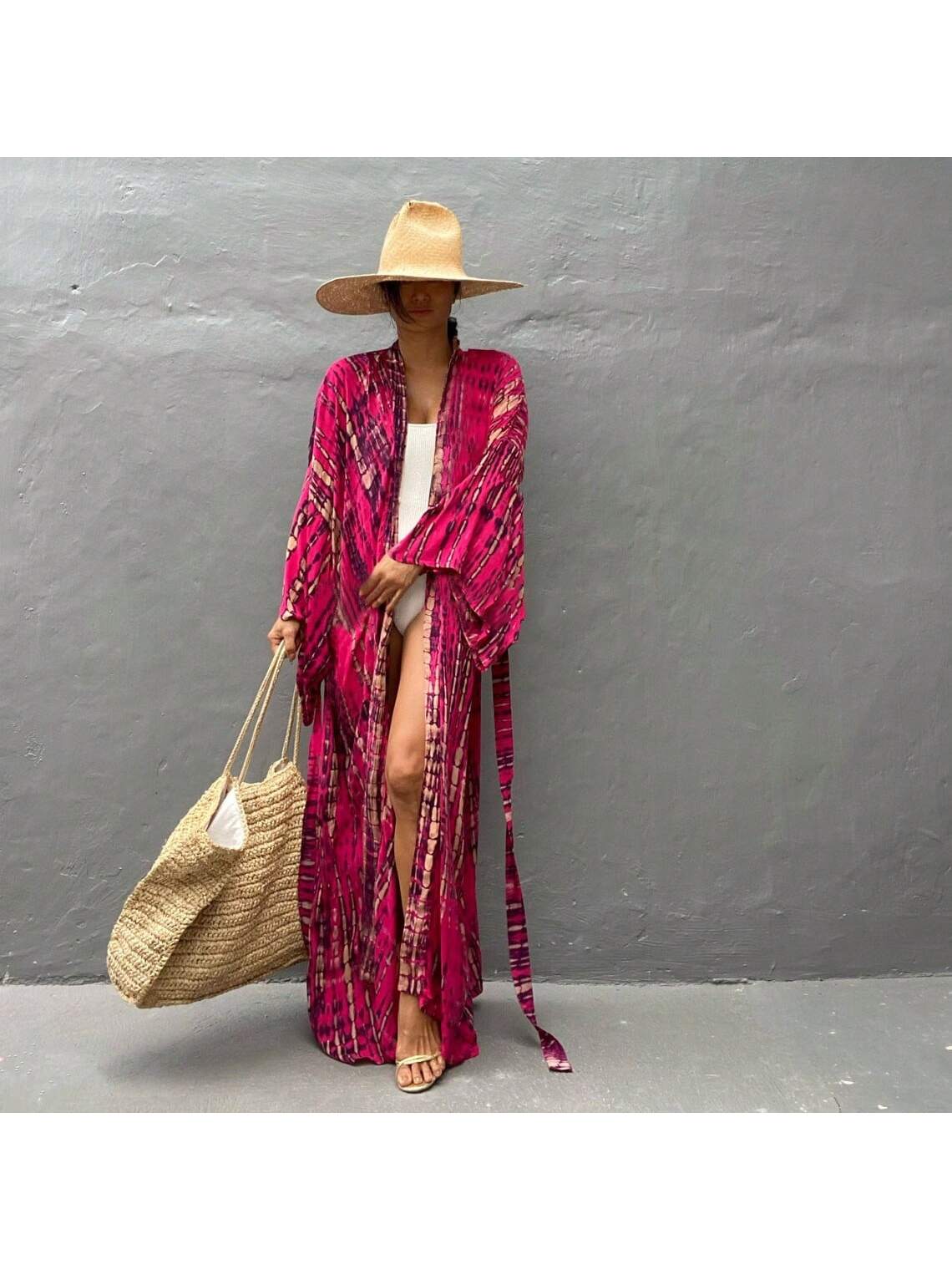 Plus Size Boho Chic Kimono Cover Up- Lightweight & Flowy Tie Dye Beachwear- Stylish Open Front For Women