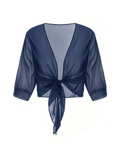 Plus Size Chiffon Tie Front Shirt Cover Up, Lightweight Casual Top For Summer Vacation