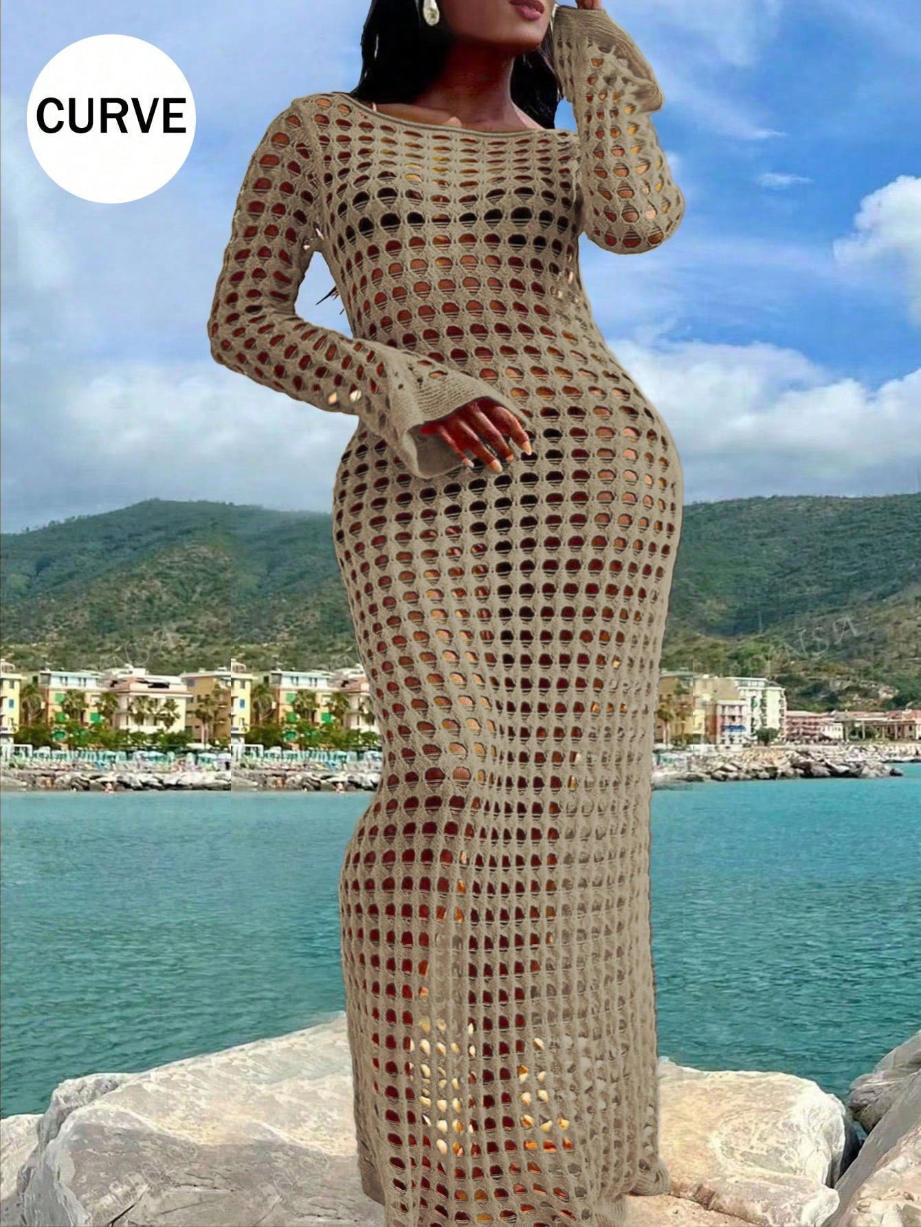 Plus Size Sexy Solid Knit Hollow Out Long Sleeve Maxi Cruise Cover Up Dress Summer Vacation Beach