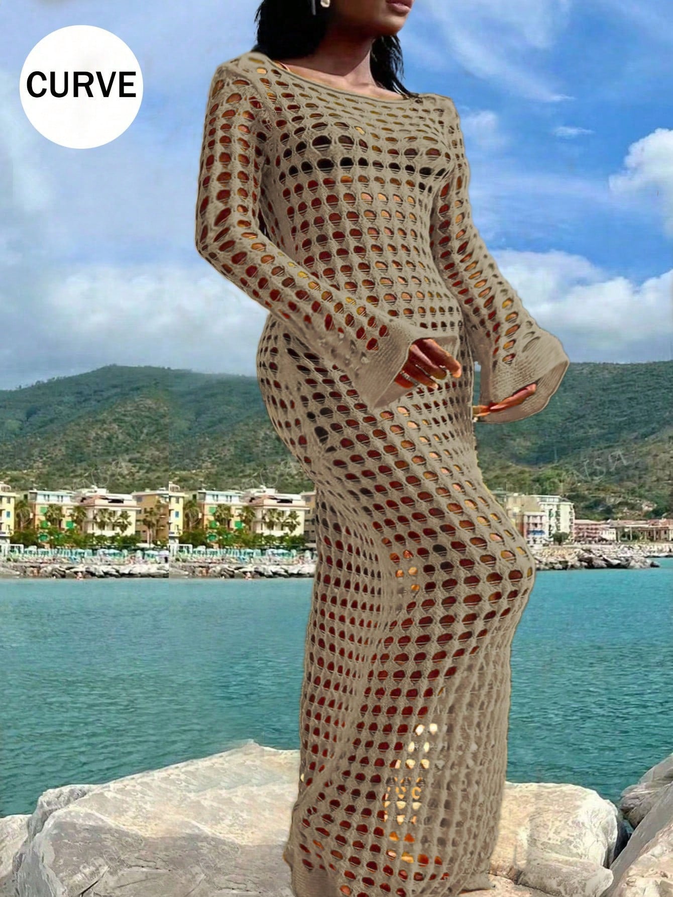 Plus Size Sexy Solid Knit Hollow Out Long Sleeve Maxi Cruise Cover Up Dress Summer Vacation Beach