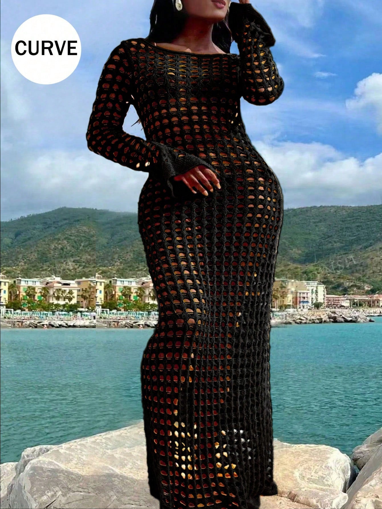 Plus Size Sexy Solid Knit Hollow Out Long Sleeve Maxi Cruise Cover Up Dress Summer Vacation Beach