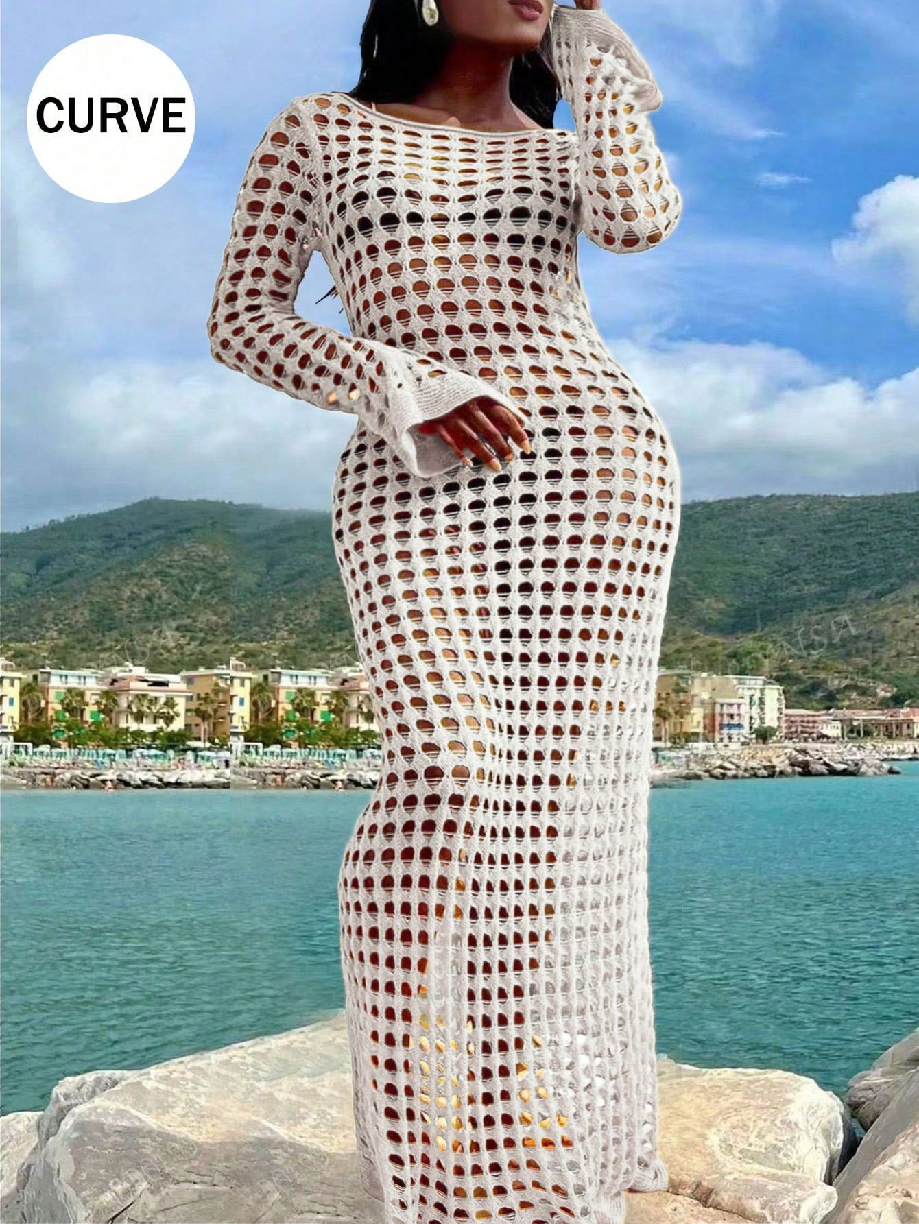 Plus Size Sexy Solid Knit Hollow Out Long Sleeve Maxi Cruise Cover Up Dress Summer Vacation Beach