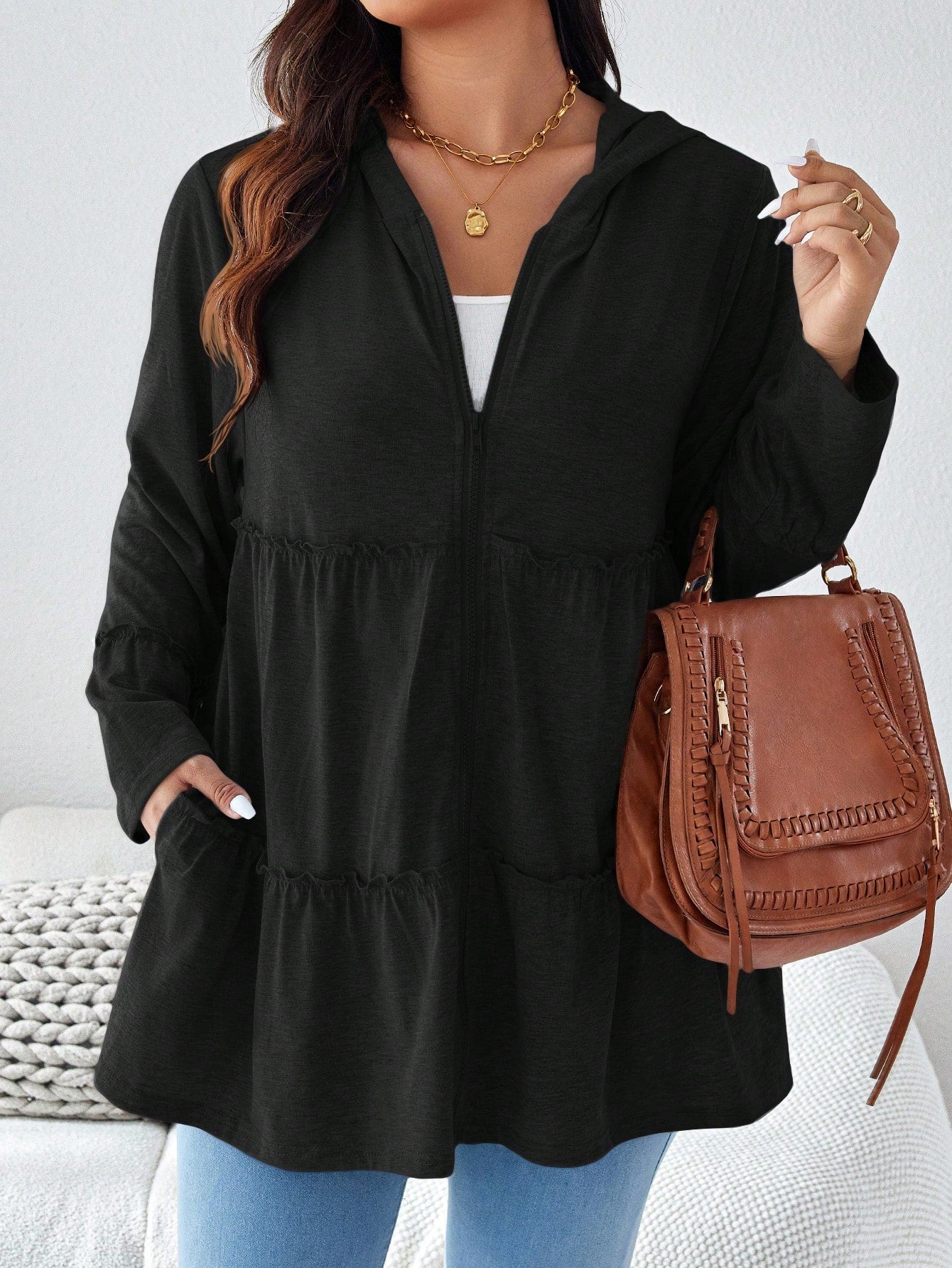 Plus Size Solid Color Hooded Zipper Casual Daily Long Sleeve Coat With Pockets Holiday