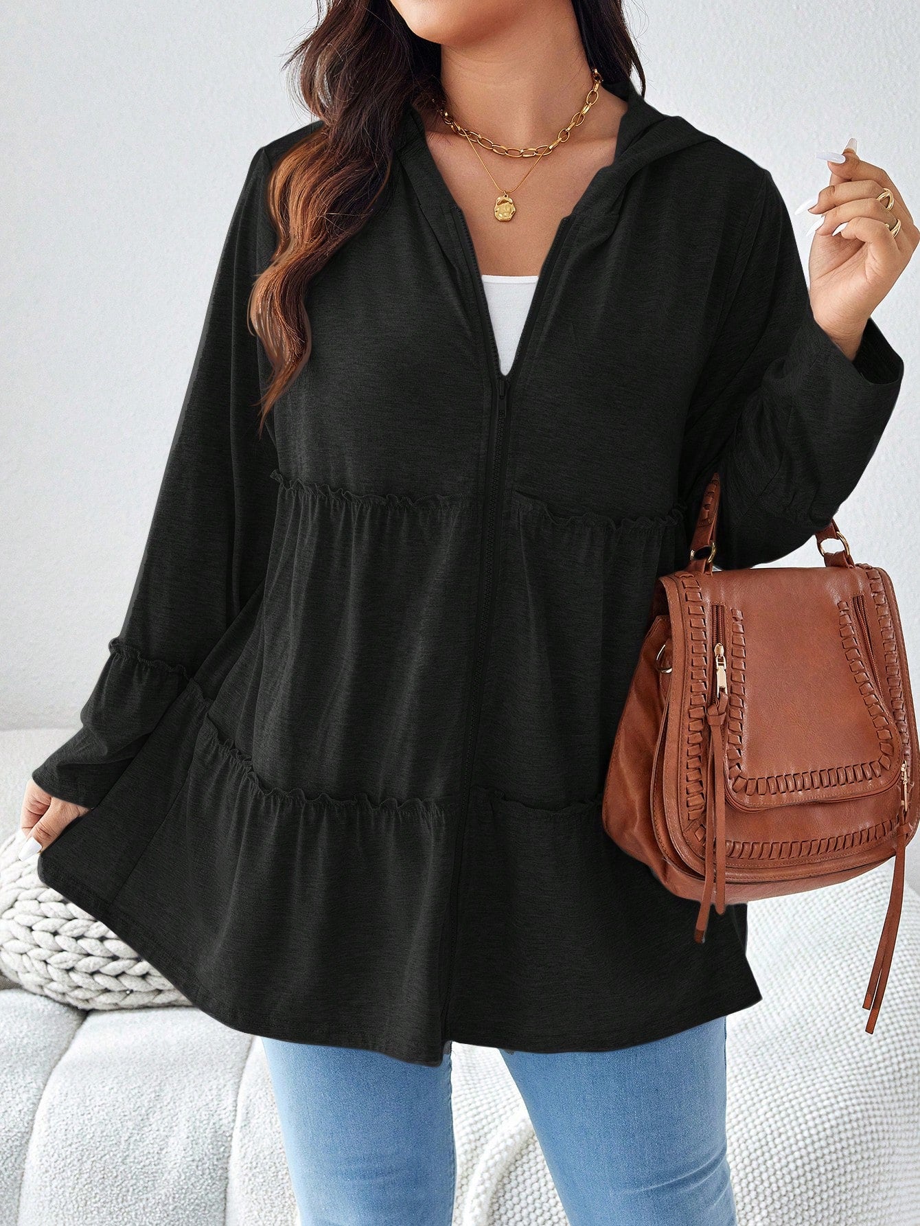Plus Size Solid Color Hooded Zipper Casual Daily Long Sleeve Coat With Pockets Holiday