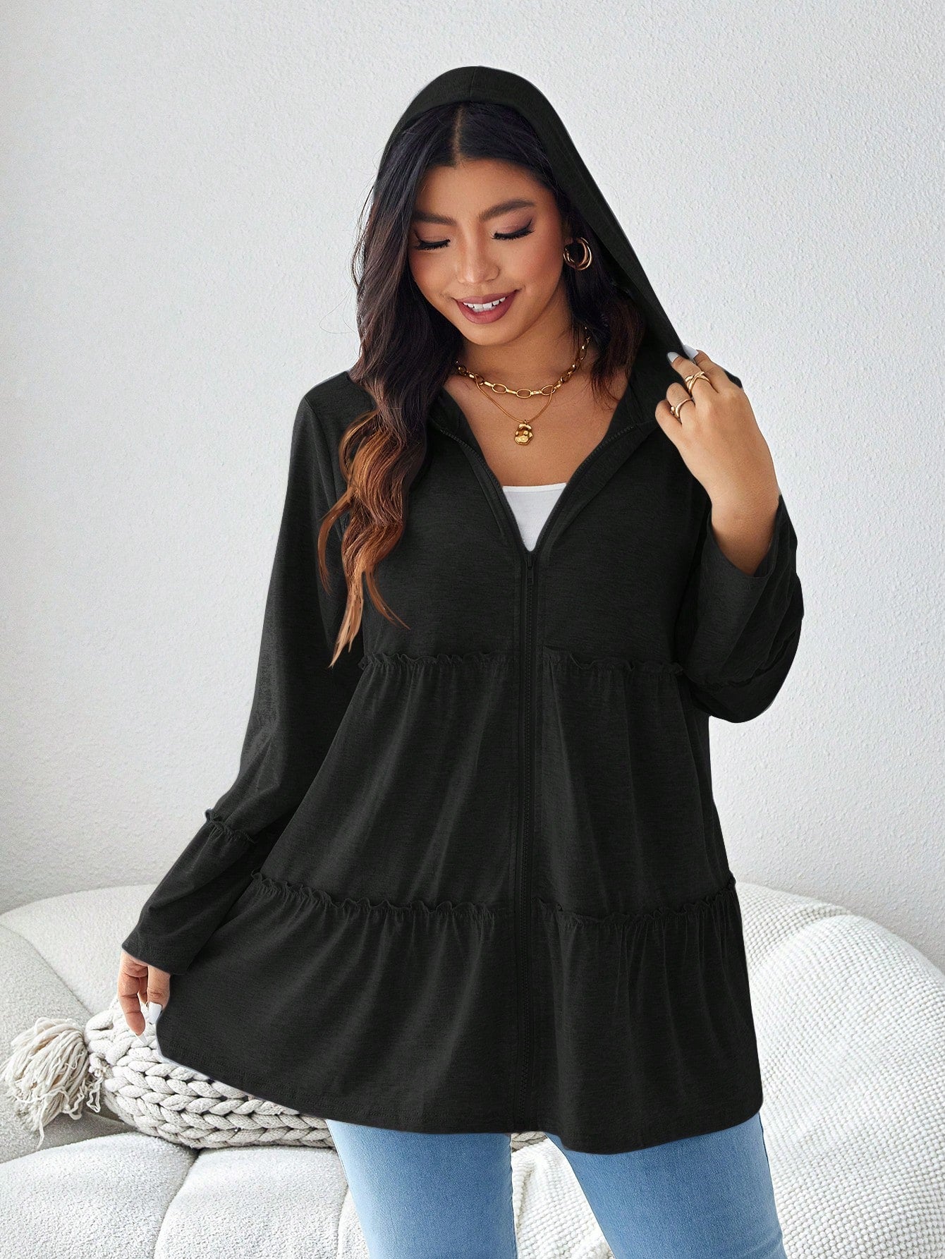 Plus Size Solid Color Hooded Zipper Casual Daily Long Sleeve Coat With Pockets Holiday