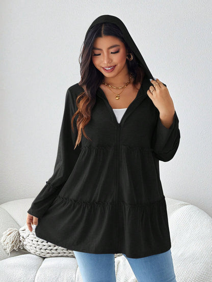 Plus Size Solid Color Hooded Zipper Casual Daily Long Sleeve Coat With Pockets Holiday