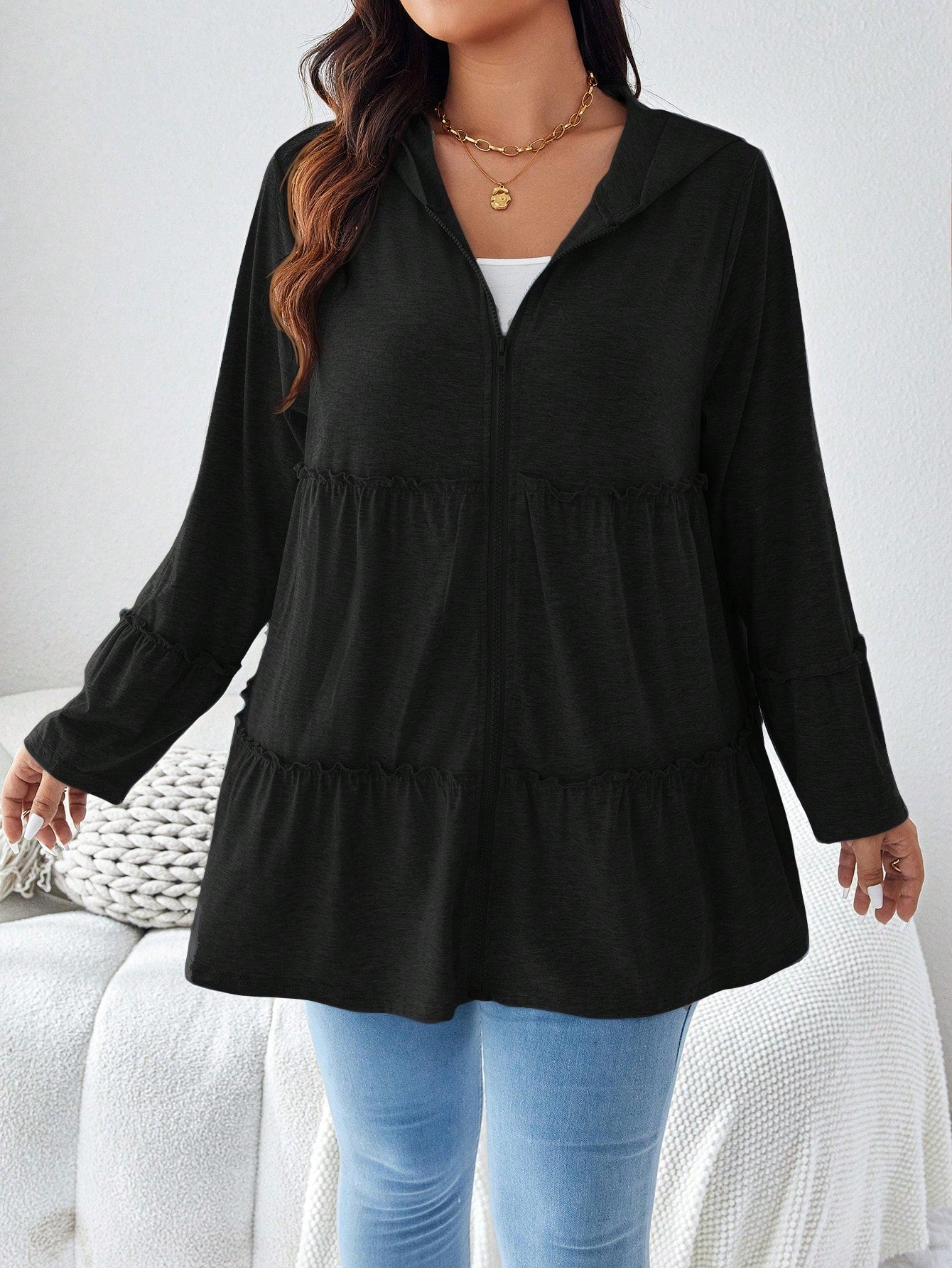 Plus Size Solid Color Hooded Zipper Casual Daily Long Sleeve Coat With Pockets Holiday