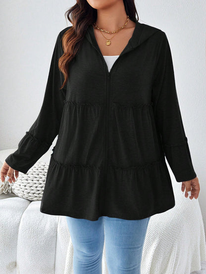Plus Size Solid Color Hooded Zipper Casual Daily Long Sleeve Coat With Pockets Holiday