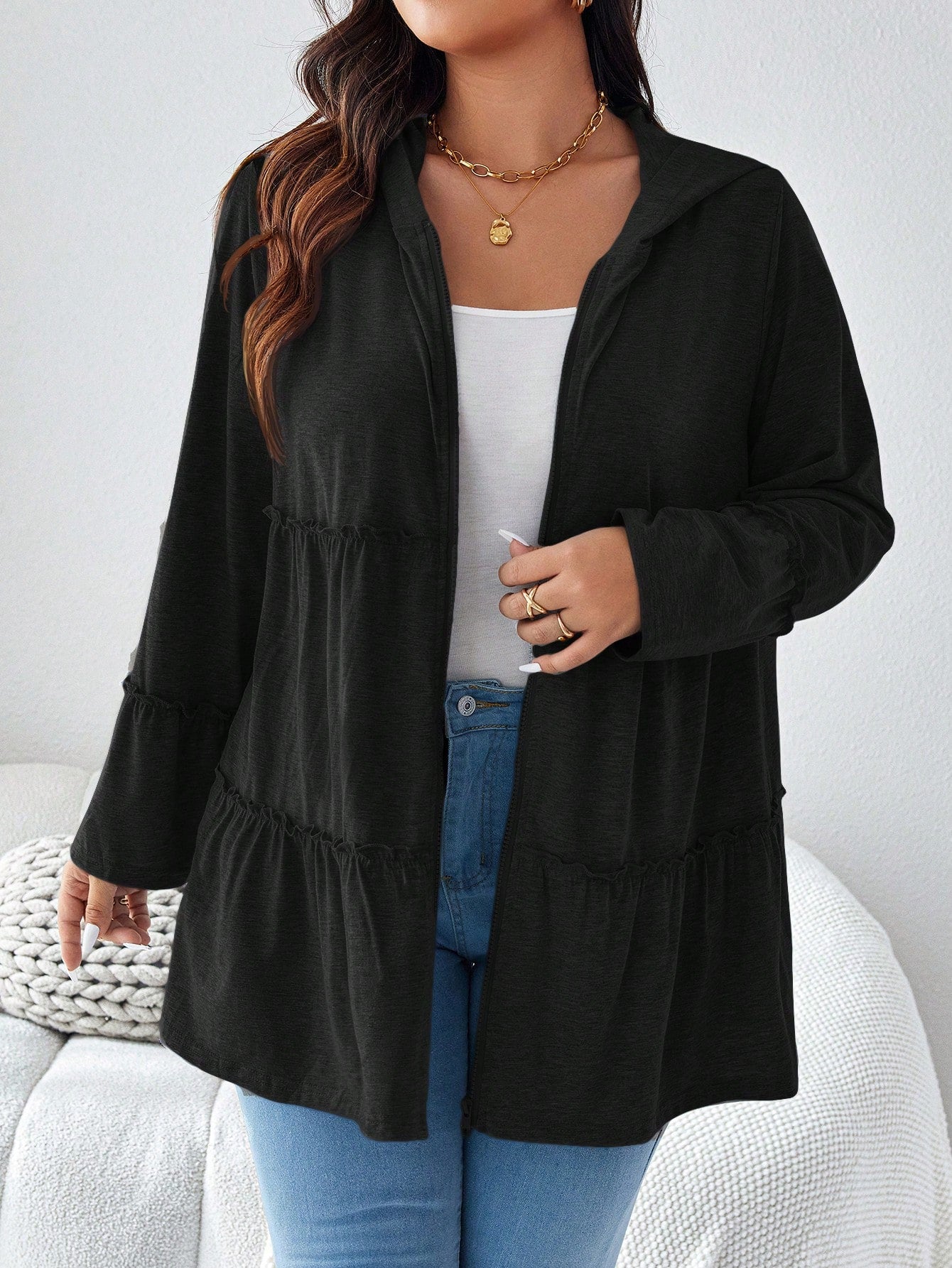 Plus Size Solid Color Hooded Zipper Casual Daily Long Sleeve Coat With Pockets Holiday