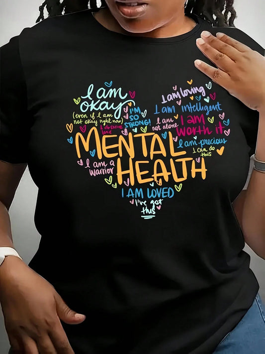 Plus Size T-Shirt Round Neck Short Sleeve Mental Health Awareness Heart Design Multi-Color Text Print All-Season Comfort Fit Women Size L-3XL 4XL 5XL