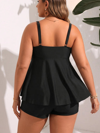 Plus Size Tankini Top And Shorts Set Sleeveless Scoop Neck Drawstring High Stretch Casual Bikini