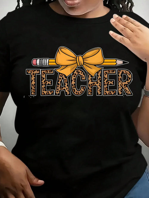 Plus Size Teacher Graphic Print Shirt, Women's Solid Color Fashion T-Shirt, Casual Short Sleeve, Suitable For Daily Wear- 220g