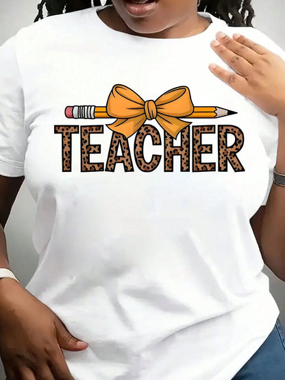 Plus Size Teacher Graphic Print Shirt, Women's Solid Color Fashion T-Shirt, Casual Short Sleeve, Suitable For Daily Wear- 220g