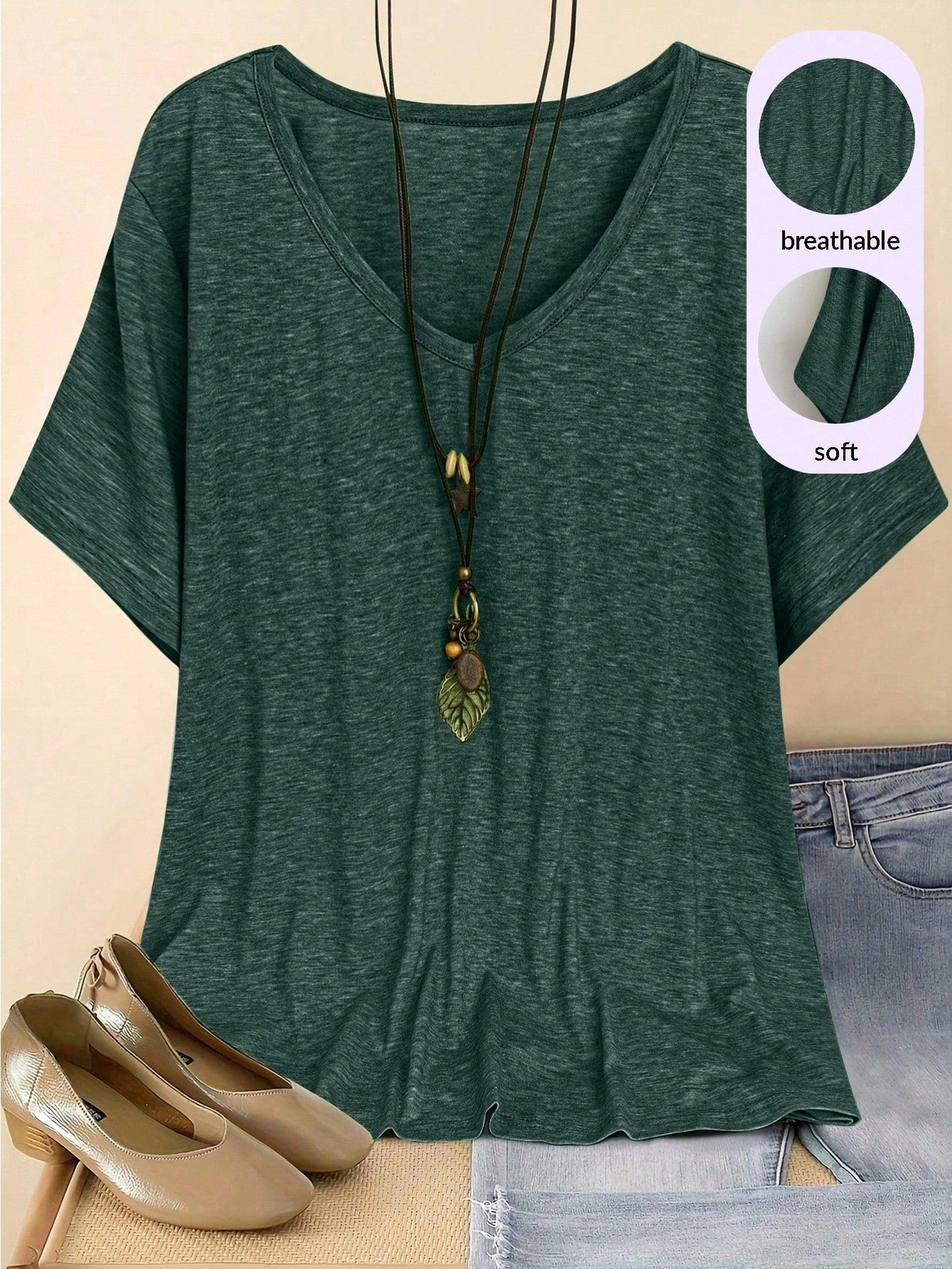 Plus Size V-Neck Short Sleeve Simple Casual Top