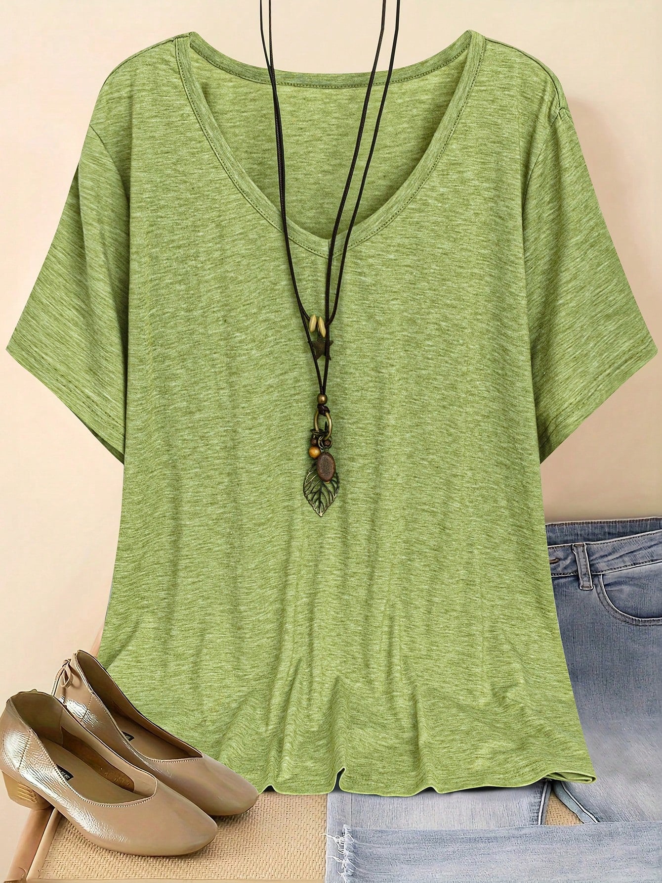 Plus Size V-Neck Short Sleeve Simple Casual Top