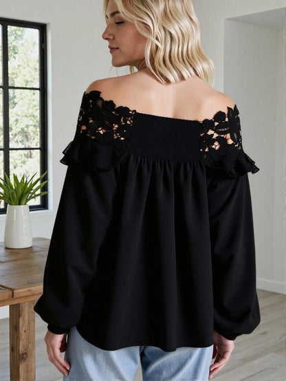 Plus Size Vacation Casual Solid Color Lace Patchwork Off Shoulder Top Fall Cloth For Women