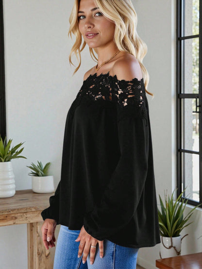 Plus Size Vacation Casual Solid Color Lace Patchwork Off Shoulder Top Fall Cloth For Women