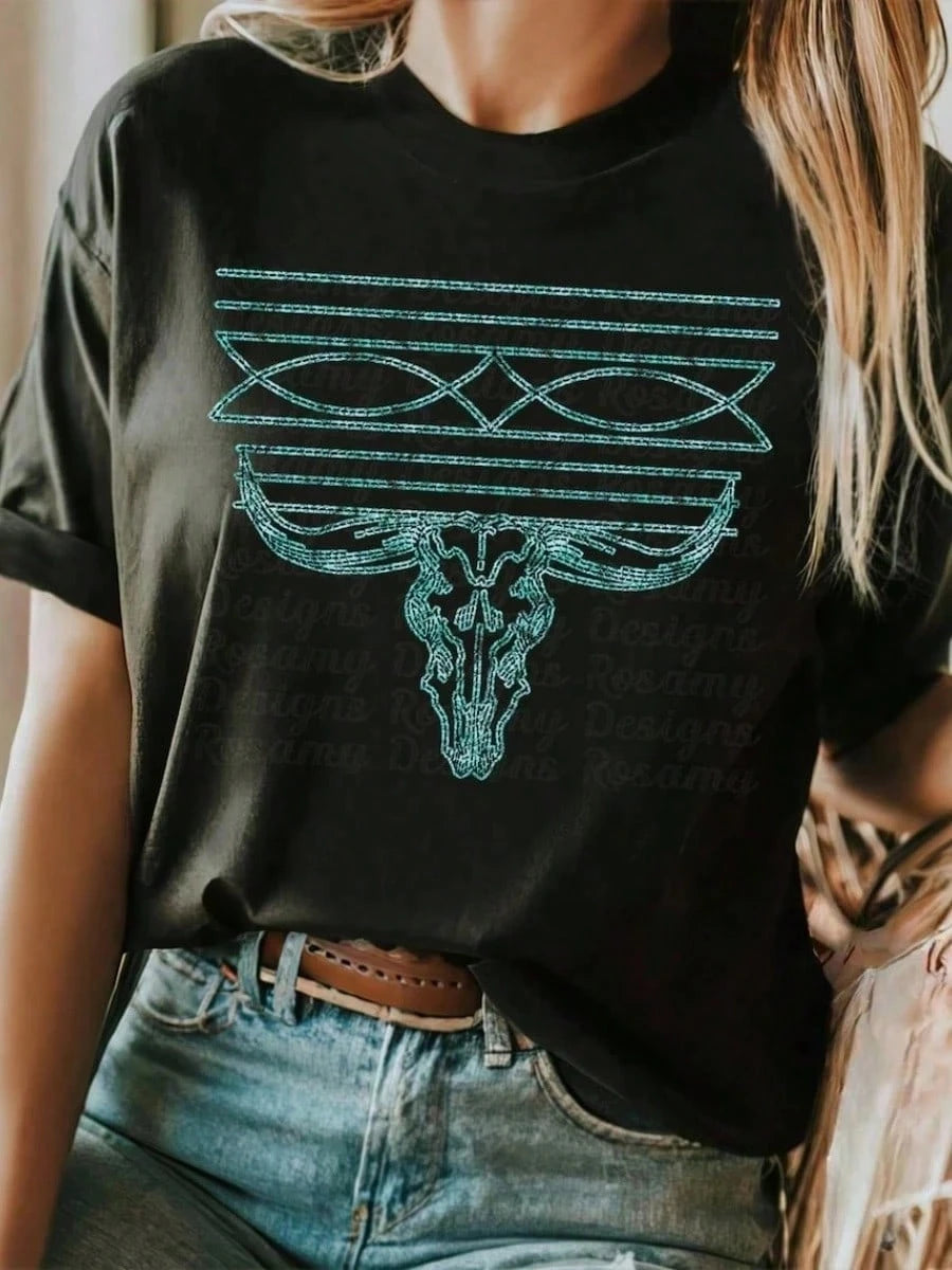 Plus Size Women Clothes, Turquoise Western Steer Skull & Geometric Line Print, 220g 100% Cotton Casual Printed T-Shirt