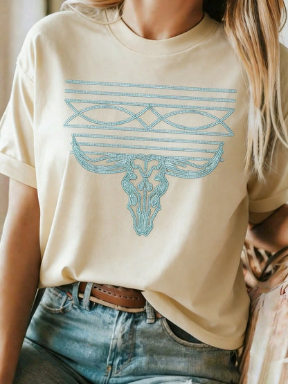 Plus Size Women Clothes, Turquoise Western Steer Skull & Geometric Line Print, 220g 100% Cotton Casual Printed T-Shirt