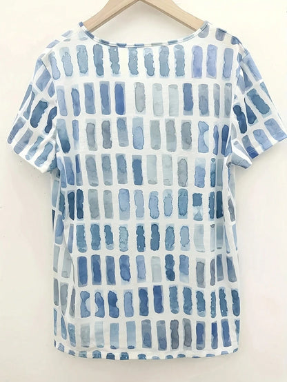 Plus Size Women's Colorblock Print V-Neck T-Shirt, Summer Casual