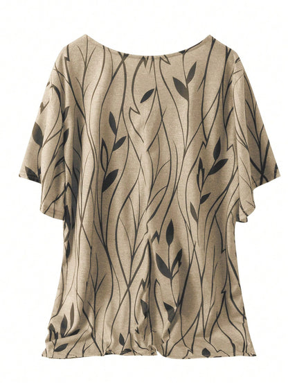 Plus Size Women's Floral Print Round Neck Loose Short Sleeve T-Shirt Casual Summer